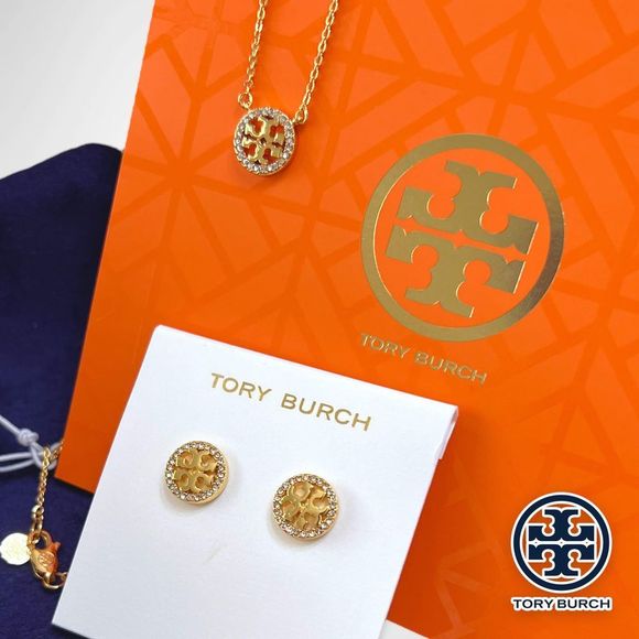 NWT Tory Burch Miller Pavé Logo Set - 18k Gold Plated Necklace & Earrings $196 - Picture 8 of 12